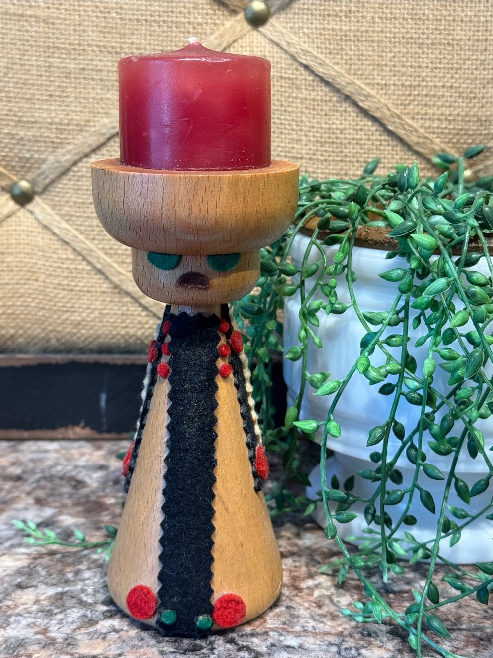 Vintage Wooden Candle Holder with Red Candle